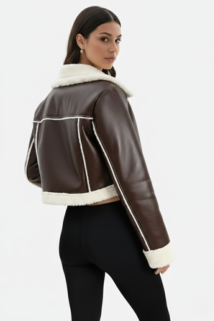 Cropped Faux Leather Shearling Trim Biker Jacket