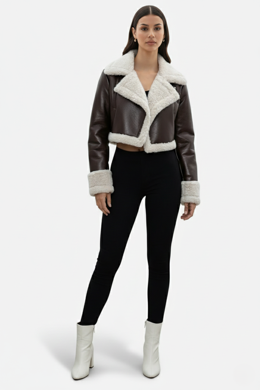 Cropped Faux Leather Shearling Trim Biker Jacket