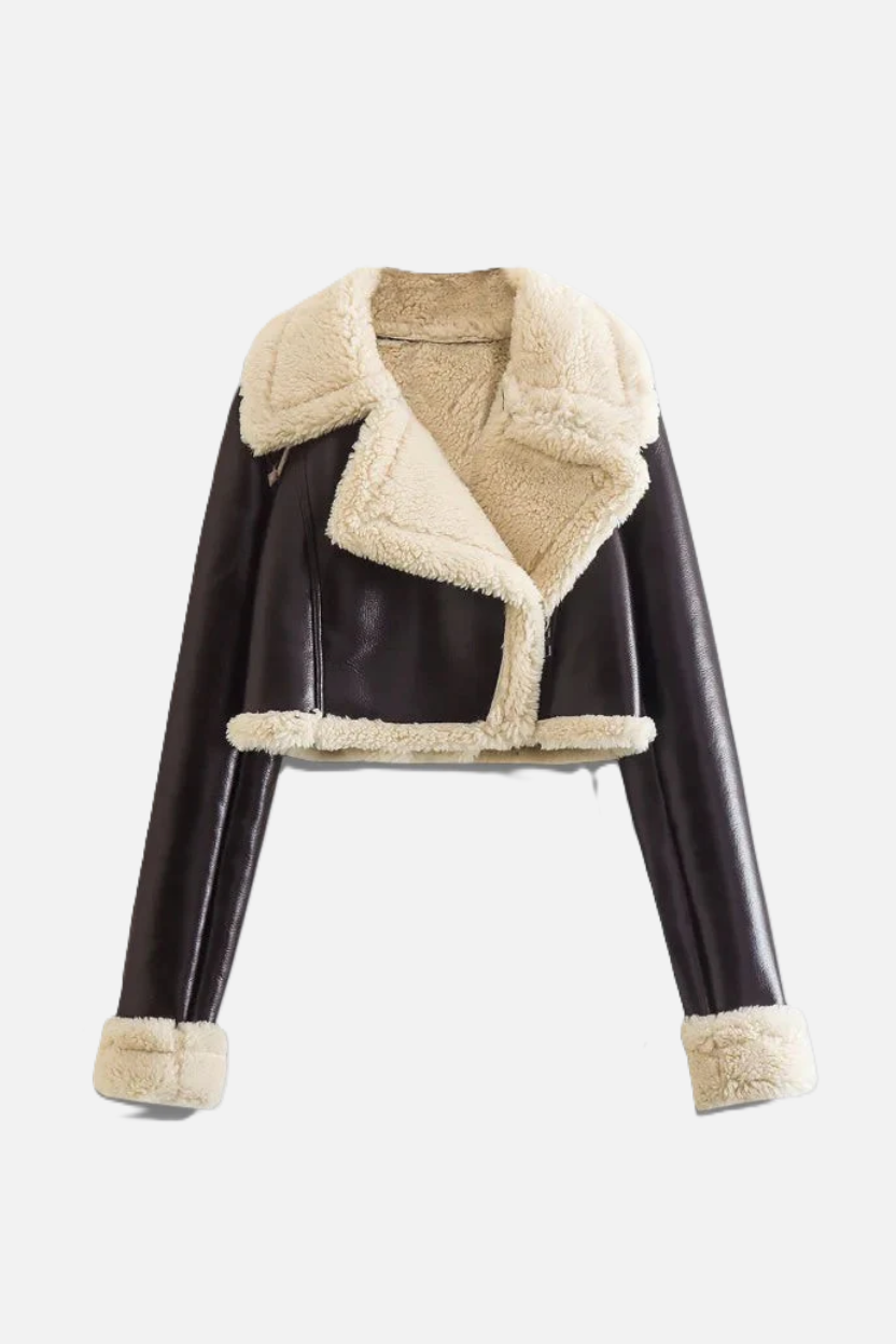 Cropped Faux Leather Shearling Trim Biker Jacket