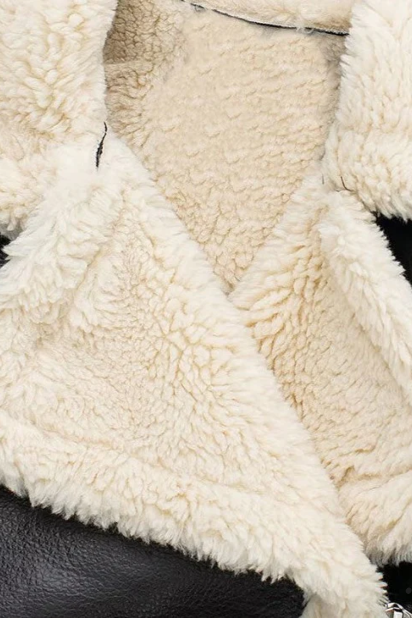 Cropped Faux Leather Shearling Trim Biker Jacket