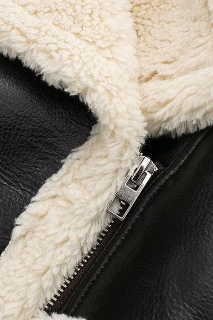 Cropped Faux Leather Shearling Trim Biker Jacket