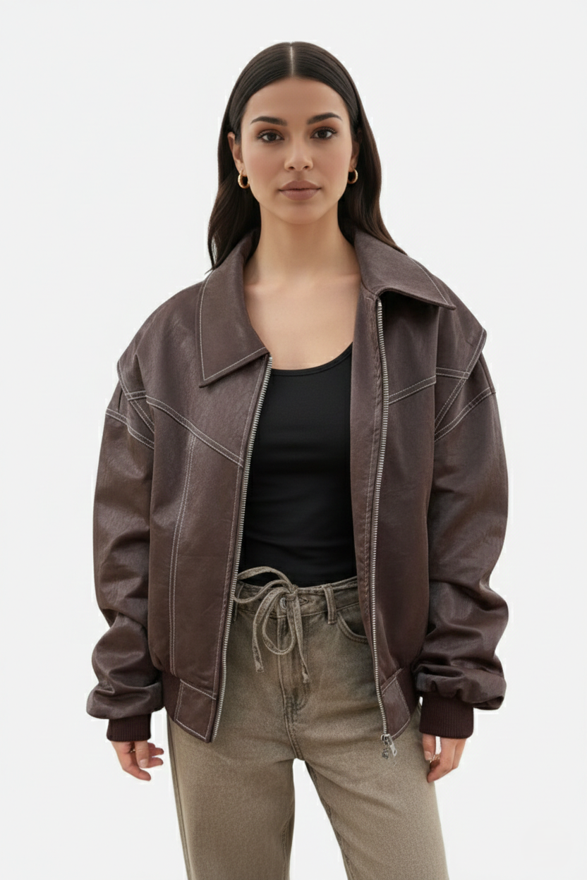 Faux Leather Zip Up Bomber Jacket with Ribbed Cuffs