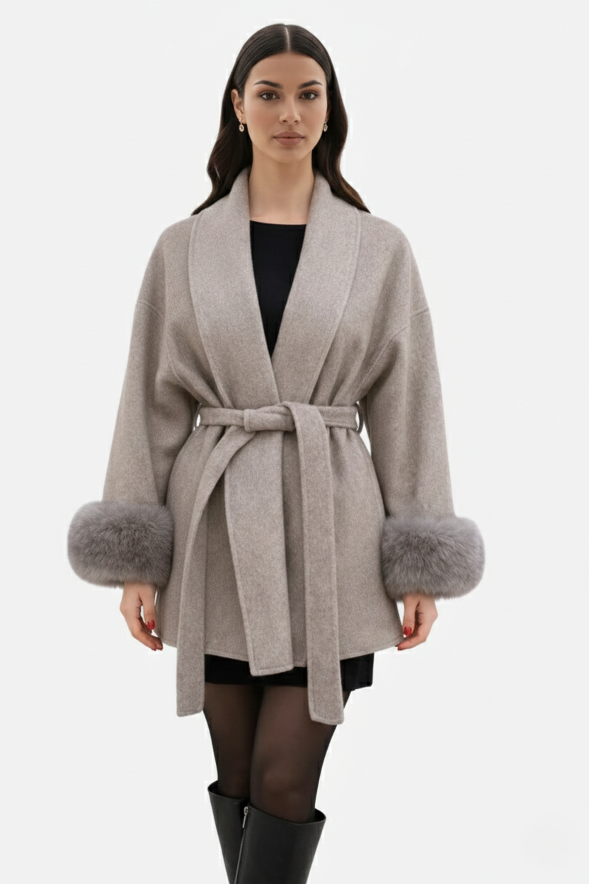 Belted Wrap Wool-Blend Coat Faux Fur Cuff Trim Open Front