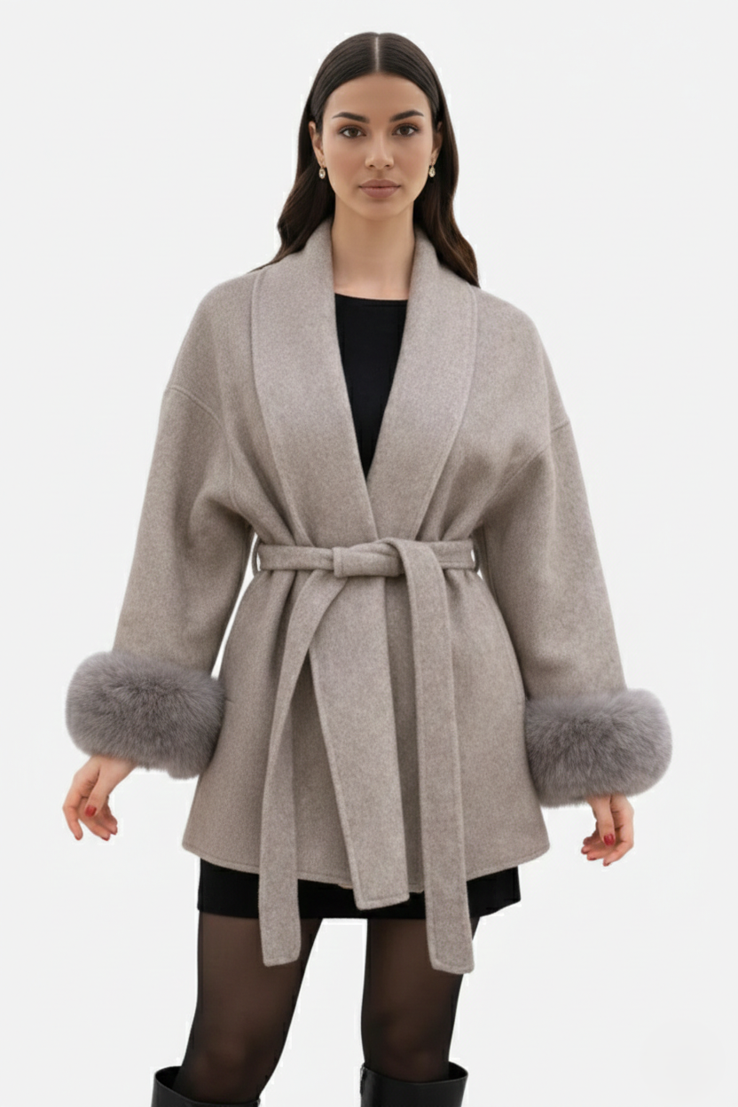 Belted Wrap Wool-Blend Coat Faux Fur Cuff Trim Open Front