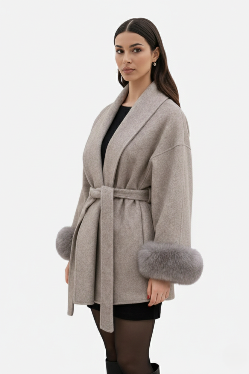 Belted Wrap Wool-Blend Coat Faux Fur Cuff Trim Open Front