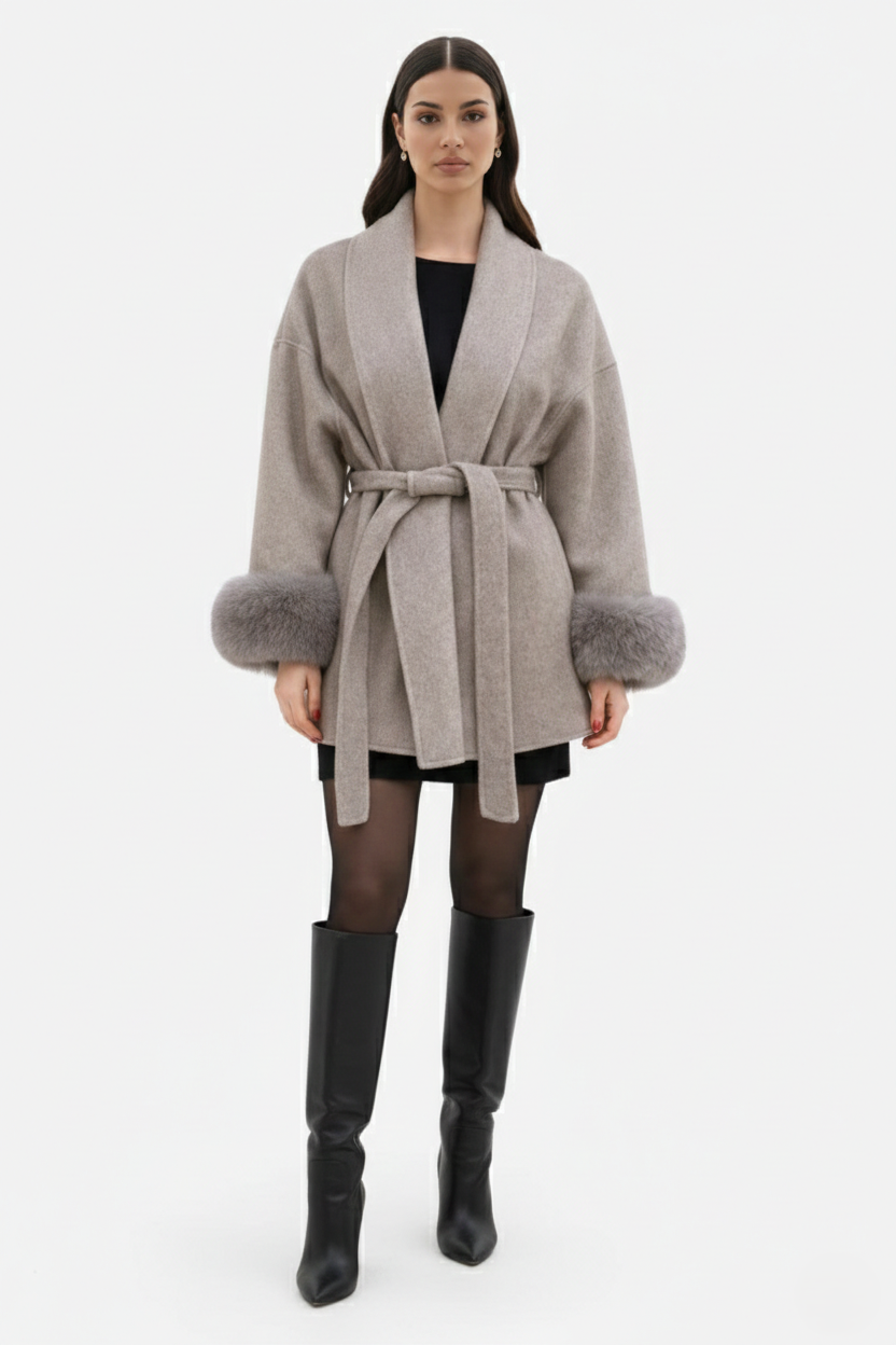 Belted Wrap Wool-Blend Coat Faux Fur Cuff Trim Open Front
