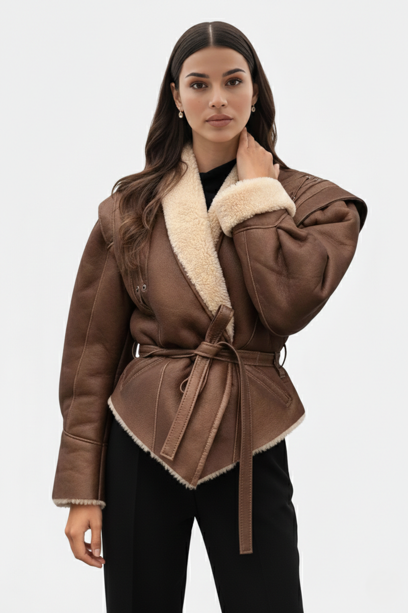 Belted Wrap Faux Leather Shearling Trim Jacket
