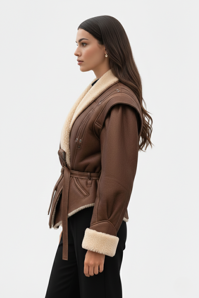 Belted Wrap Faux Leather Shearling Trim Jacket