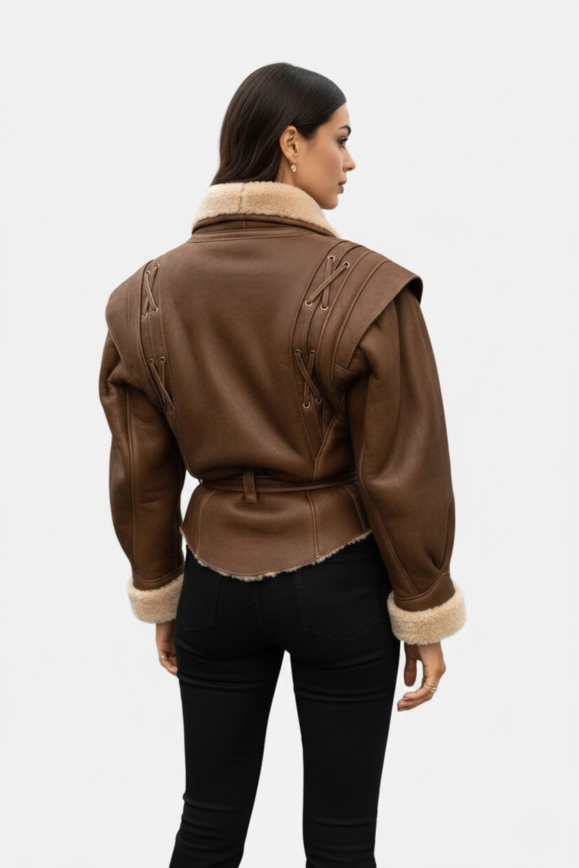 Belted Wrap Faux Leather Shearling Trim Jacket