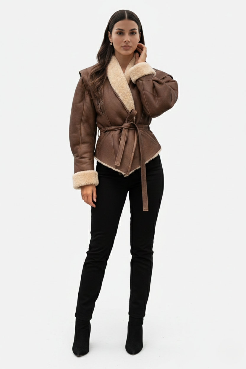 Belted Wrap Faux Leather Shearling Trim Jacket