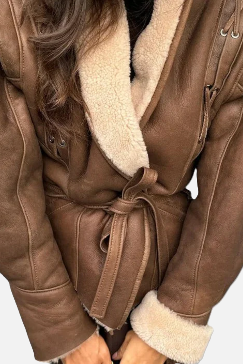 Belted Wrap Faux Leather Shearling Trim Jacket