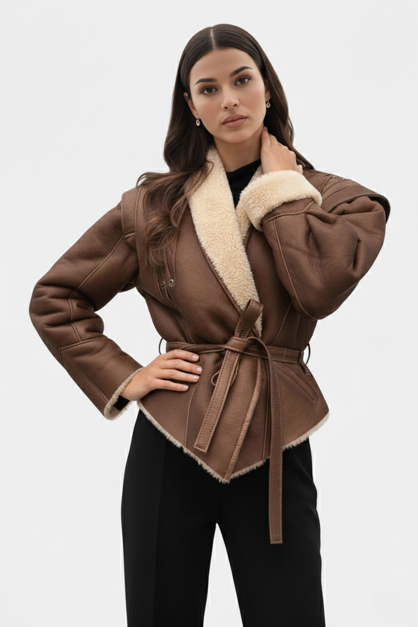 Belted Wrap Faux Leather Shearling Trim Jacket