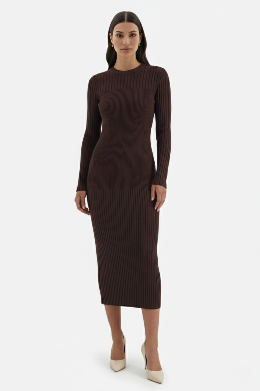 Bodycon Sweater Midi Dress Ribbed Knit Long Sleeve Crew Neck