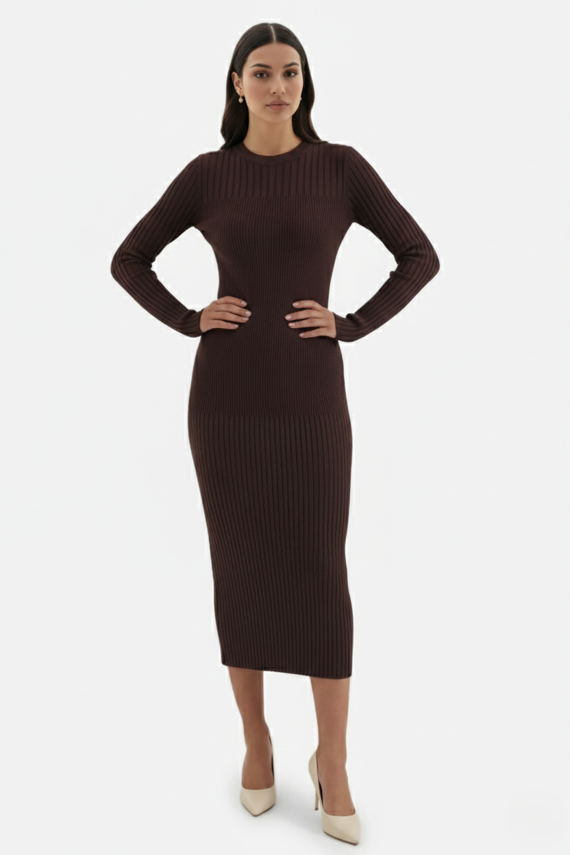 Bodycon Sweater Midi Dress Ribbed Knit Long Sleeve Crew Neck