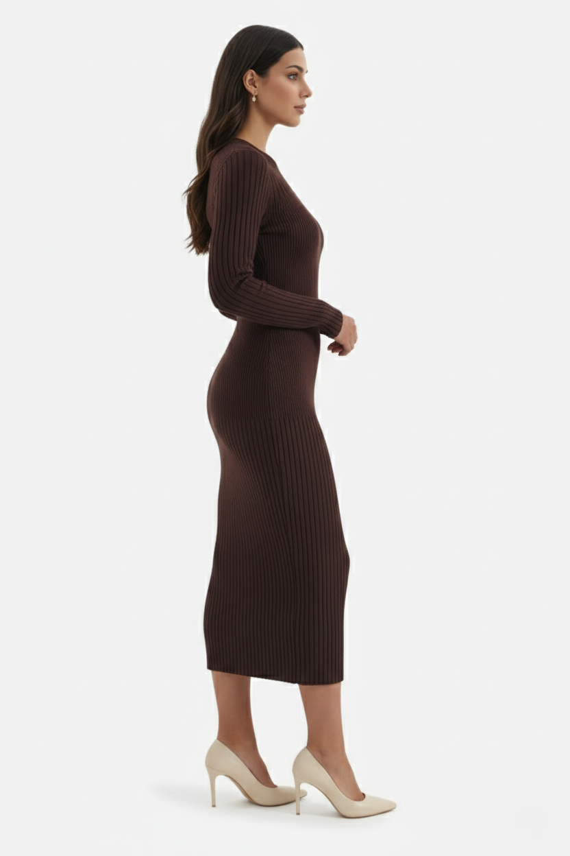 Bodycon Sweater Midi Dress Ribbed Knit Long Sleeve Crew Neck