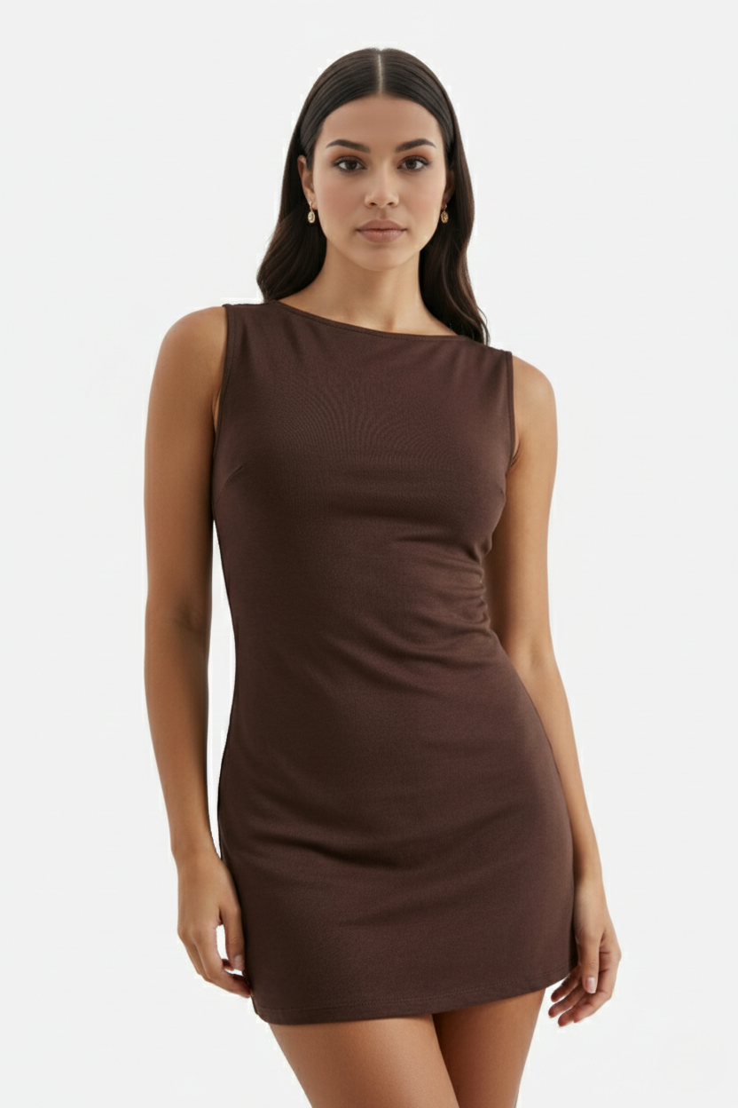 Bodycon Mini Dress Boat Neck Sleeveless Ribbed Knit Basic Stretch