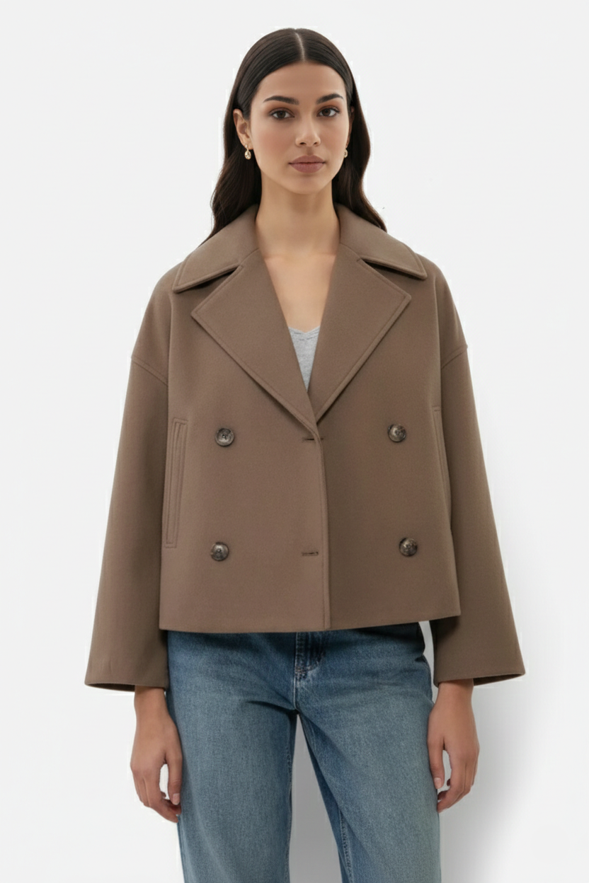 Cropped Double Breasted Blazer Jacket with Wide Lapel