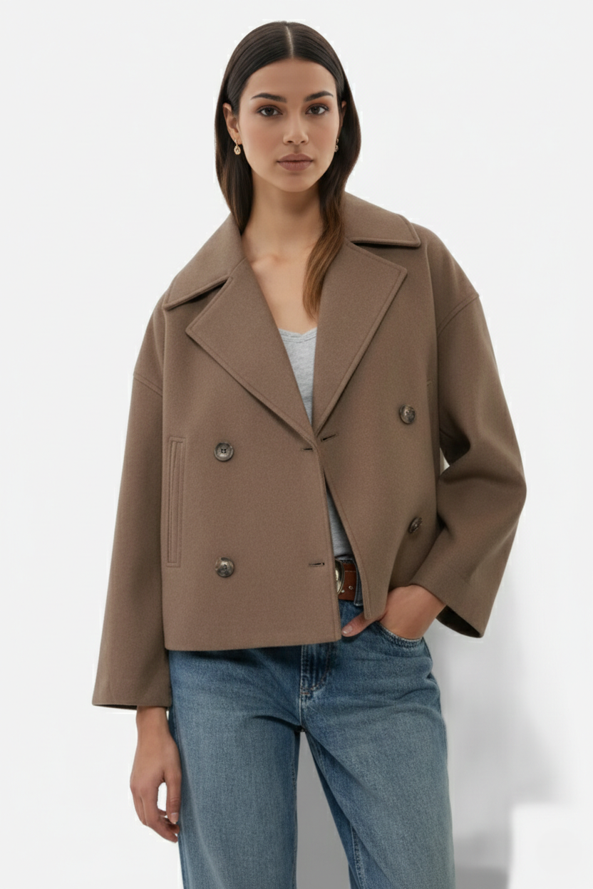 Cropped Double Breasted Blazer Jacket with Wide Lapel