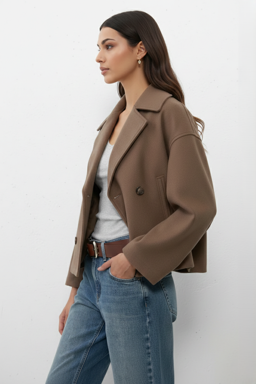 Cropped Double Breasted Blazer Jacket with Wide Lapel