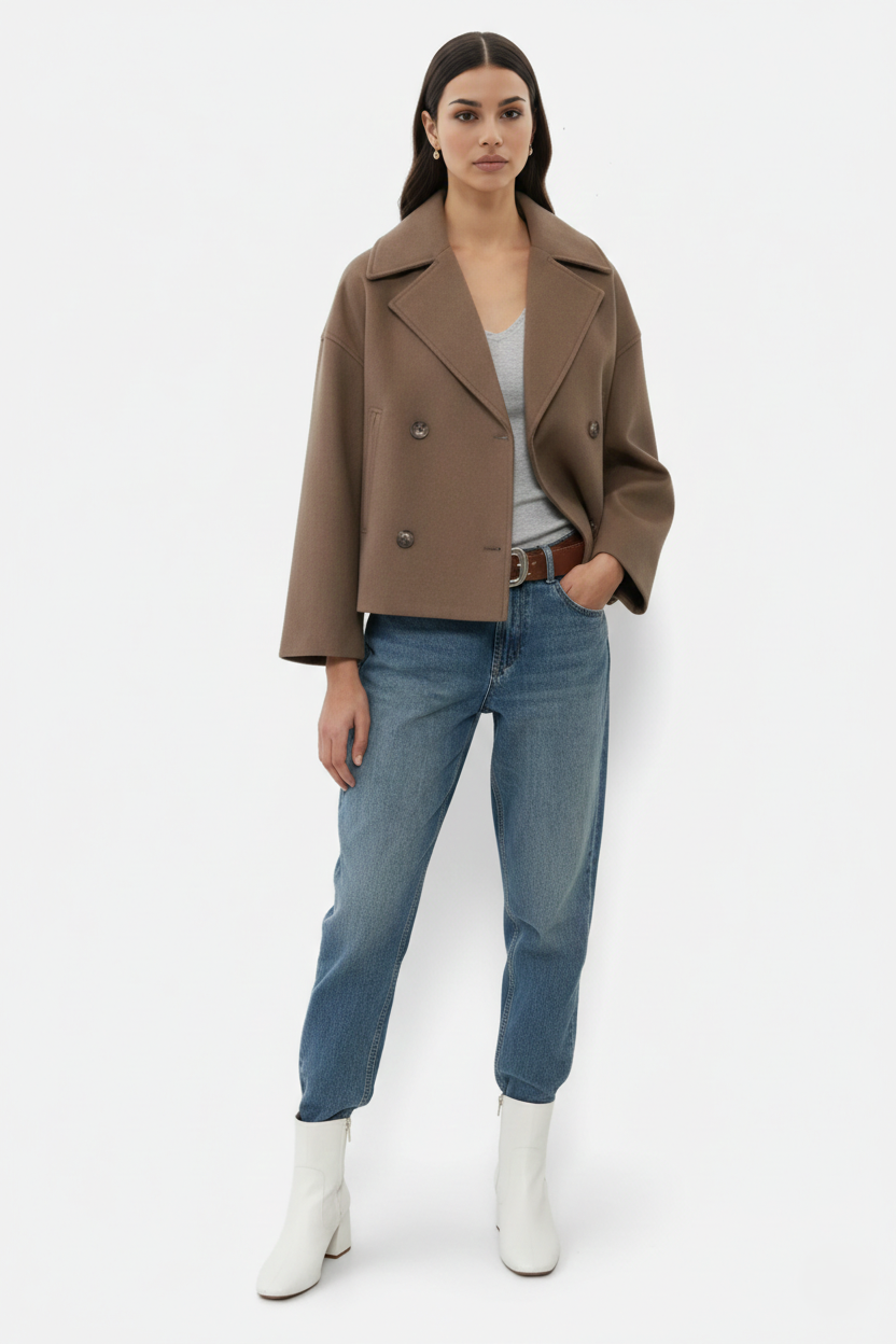 Cropped Double Breasted Blazer Jacket with Wide Lapel