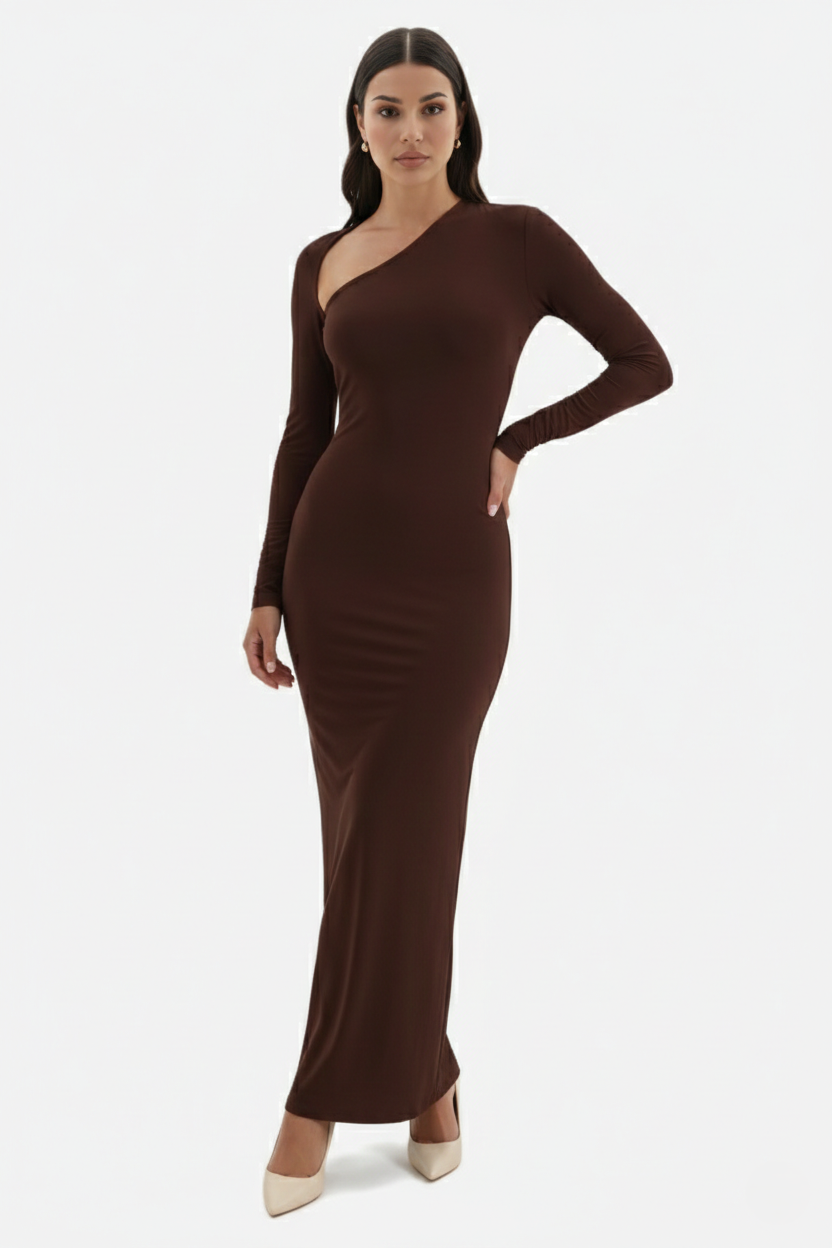 Bodycon Maxi Dress Asymmetric Cutout Long Sleeve