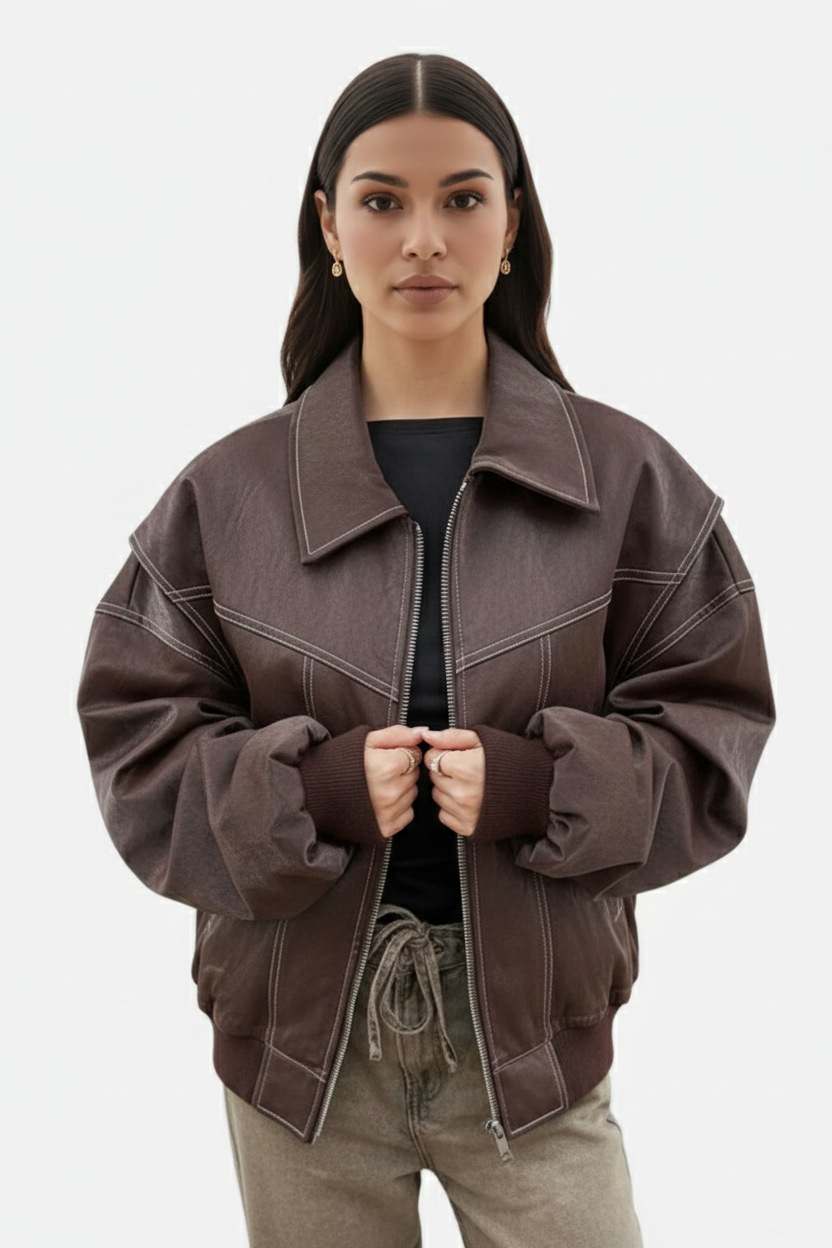 Faux Leather Zip Up Bomber Jacket with Ribbed Cuffs