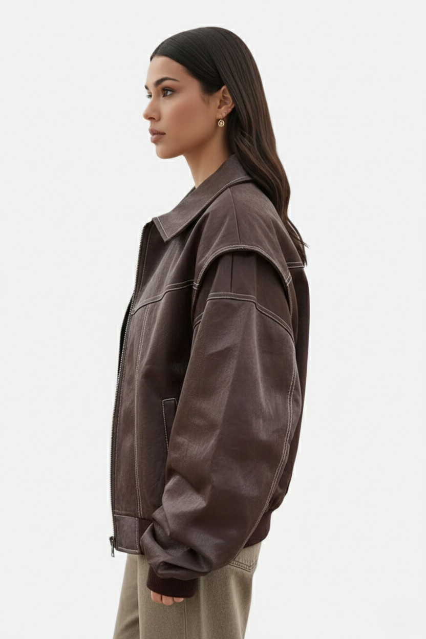 Faux Leather Zip Up Bomber Jacket with Ribbed Cuffs
