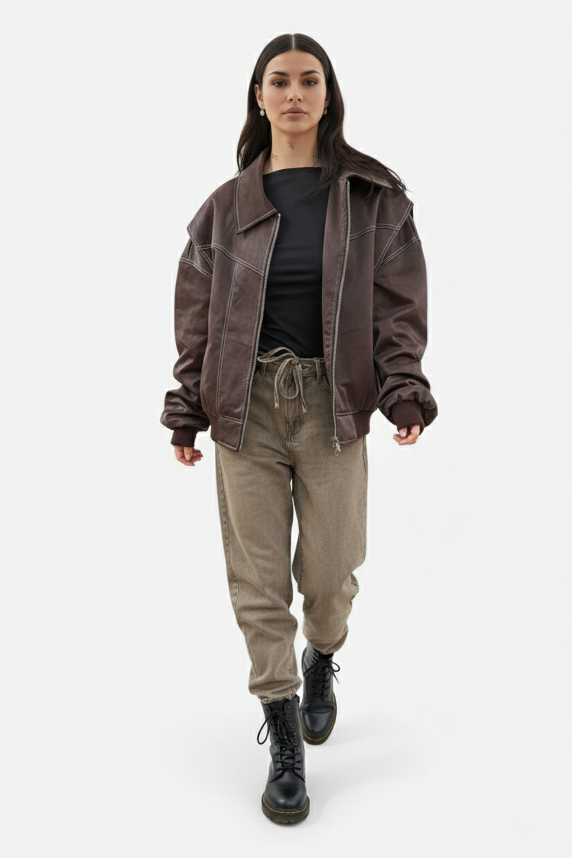 Faux Leather Zip Up Bomber Jacket with Ribbed Cuffs