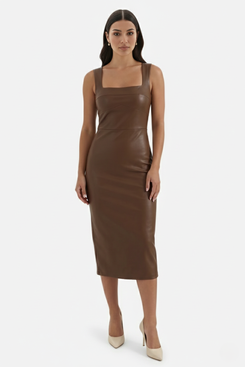 Faux Leather Square-Neck Sleeveless Midi Dress