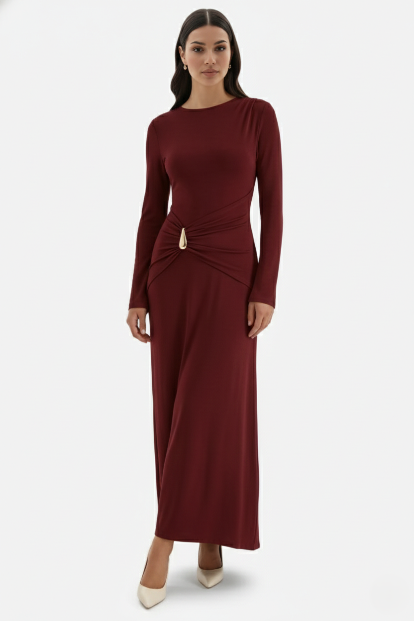 Evening Dress Ruched Waist Long Sleeve with Hardware Detail