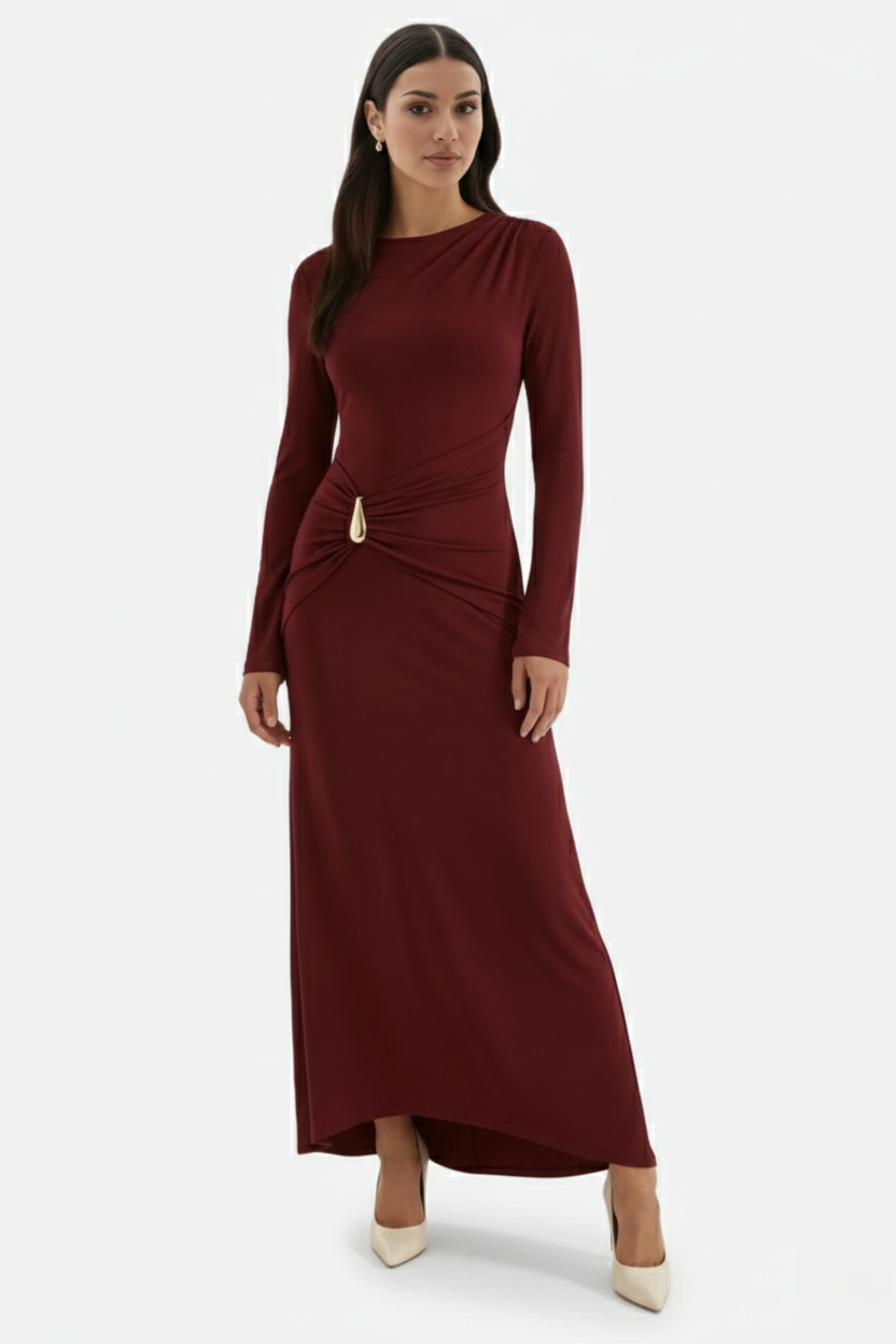 Evening Dress Ruched Waist Long Sleeve with Hardware Detail