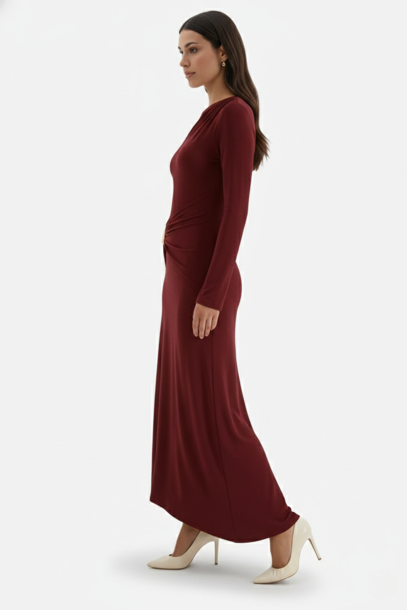 Evening Dress Ruched Waist Long Sleeve with Hardware Detail