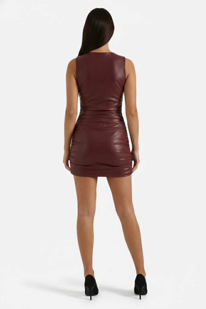 Faux Leather Sleeveless Ruched Mini Dress