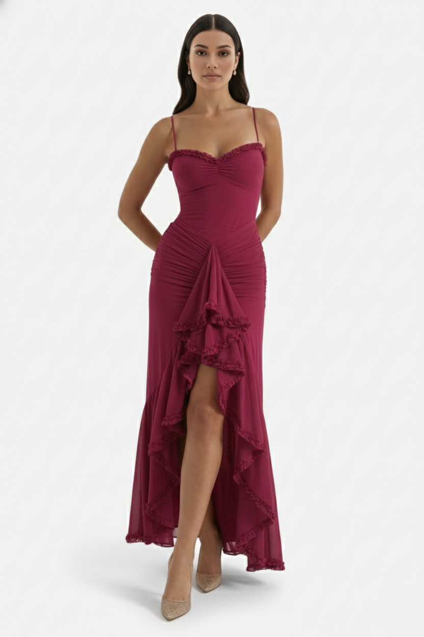 Evening Gown Ruched Mesh Ruffle Assymetrical Hem