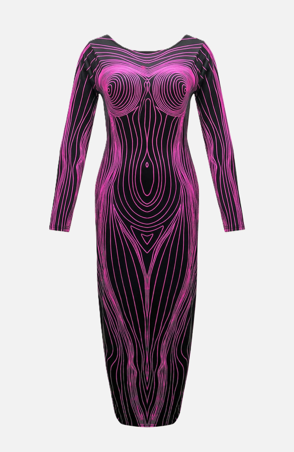 Bodycon Evening Dress with Body Optical Illusion Long Sleeve Maxi Length
