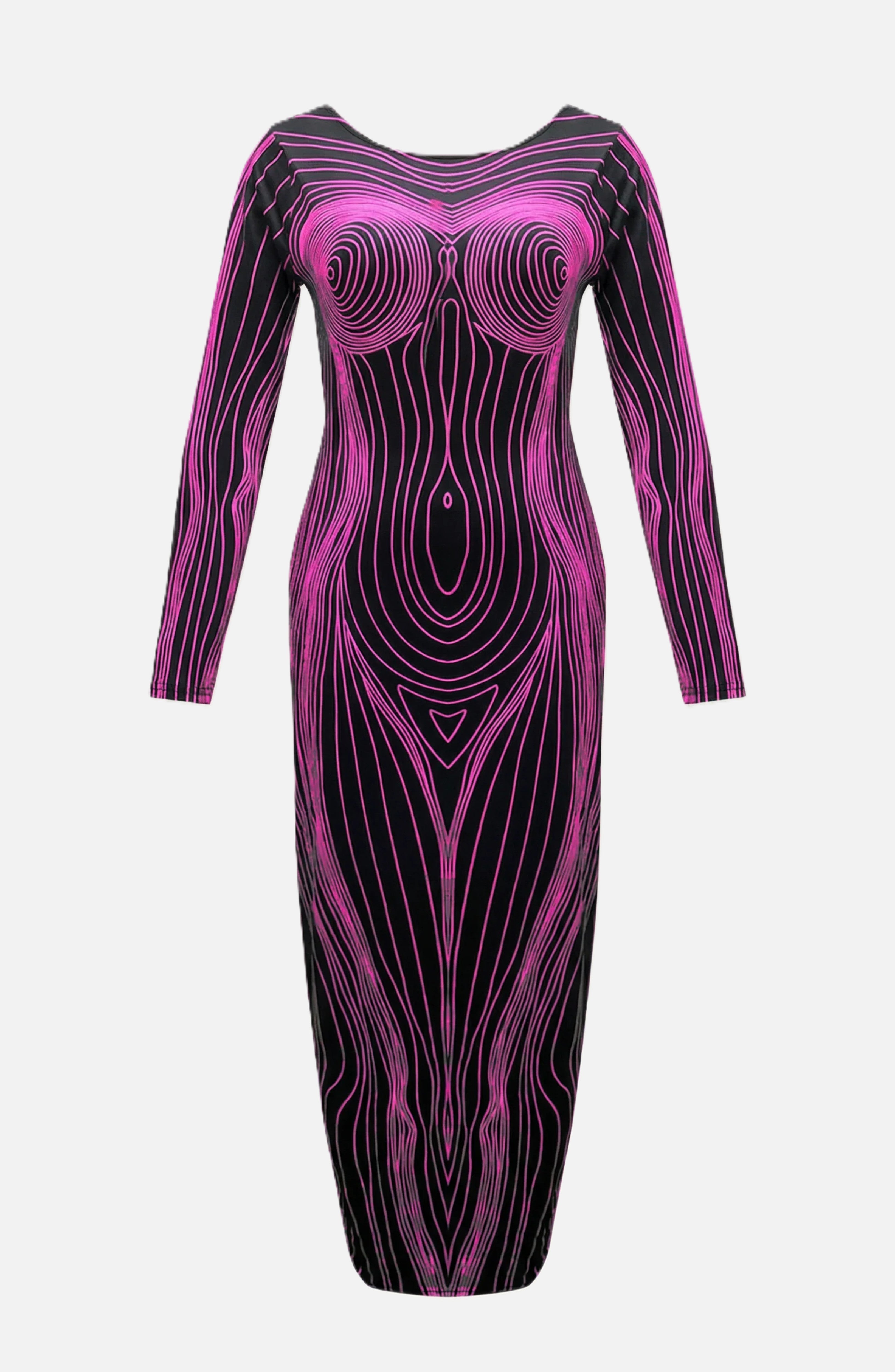Bodycon Evening Dress with Body Optical Illusion Long Sleeve Maxi Length