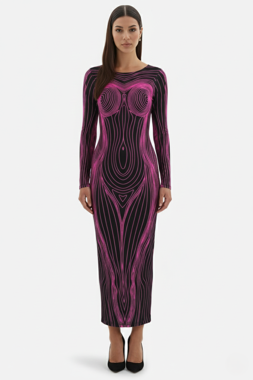 Bodycon Evening Dress with Body Optical Illusion Long Sleeve Maxi Length