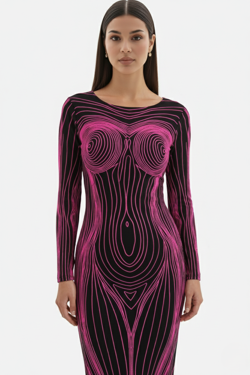 Bodycon Evening Dress with Body Optical Illusion Long Sleeve Maxi Length