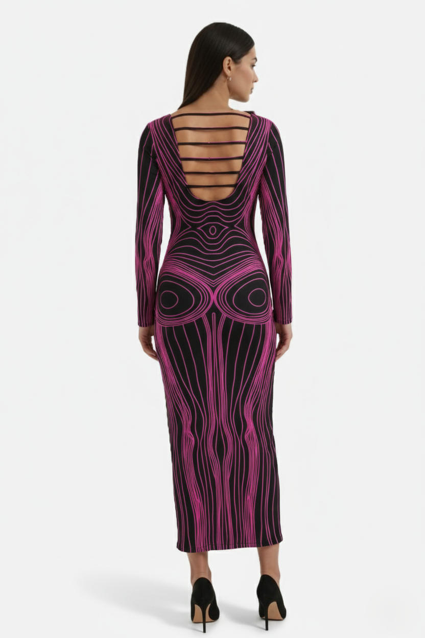 Bodycon Evening Dress with Body Optical Illusion Long Sleeve Maxi Length