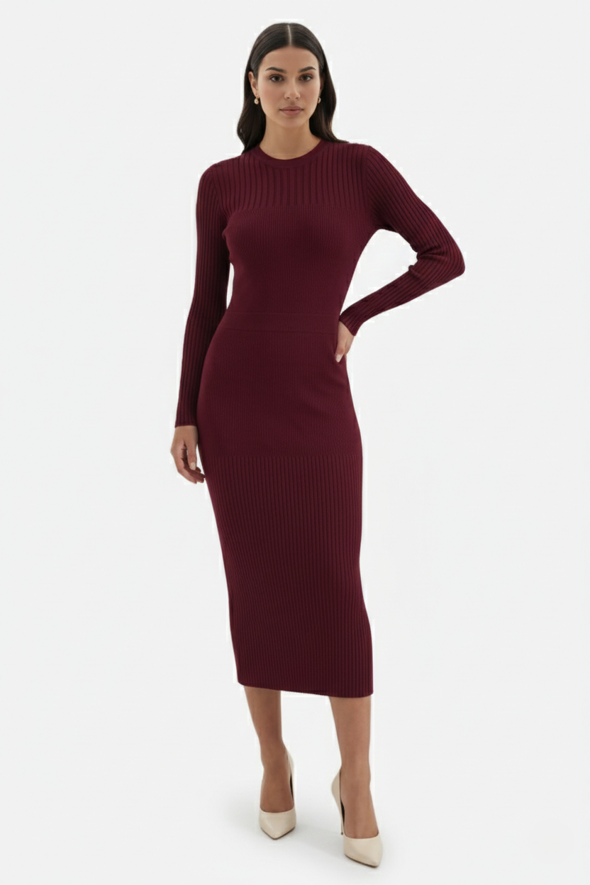 Bodycon Sweater Midi Dress Ribbed Knit Long Sleeve Crew Neck