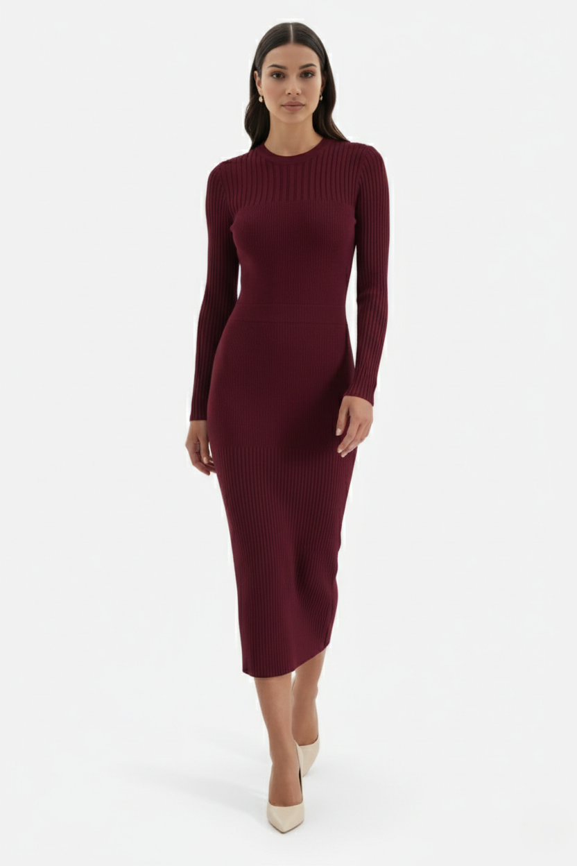 Bodycon Sweater Midi Dress Ribbed Knit Long Sleeve Crew Neck