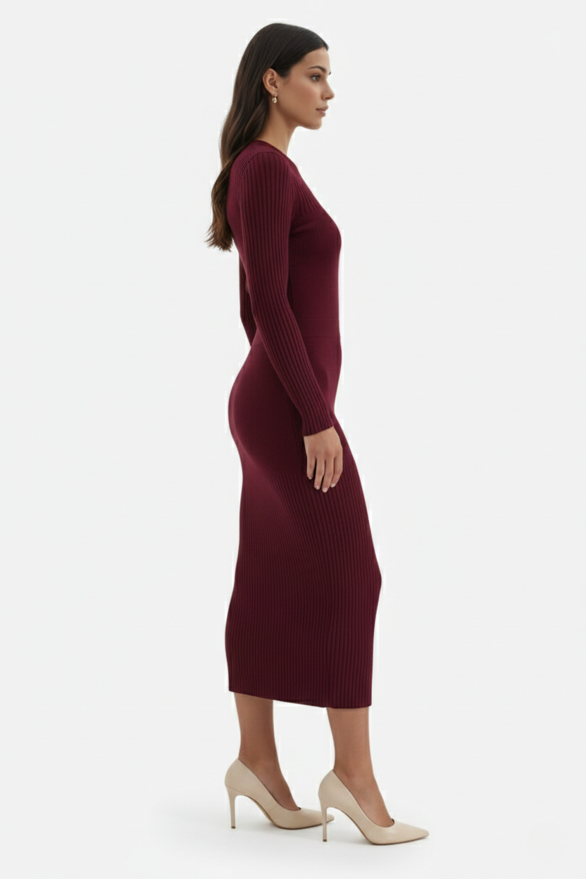 Bodycon Sweater Midi Dress Ribbed Knit Long Sleeve Crew Neck
