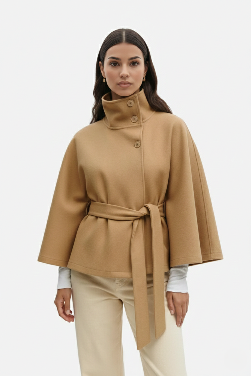 Belted Cape Coat High Neck Button Front