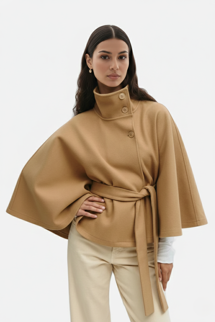 Belted Cape Coat High Neck Button Front