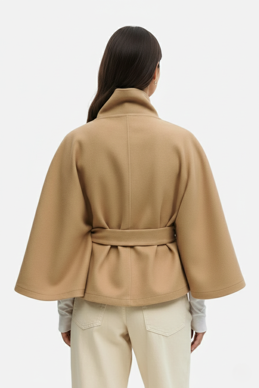 Belted Cape Coat High Neck Button Front