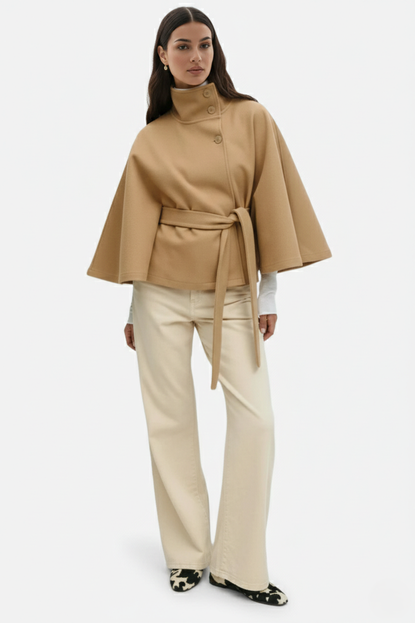 Belted Cape Coat High Neck Button Front