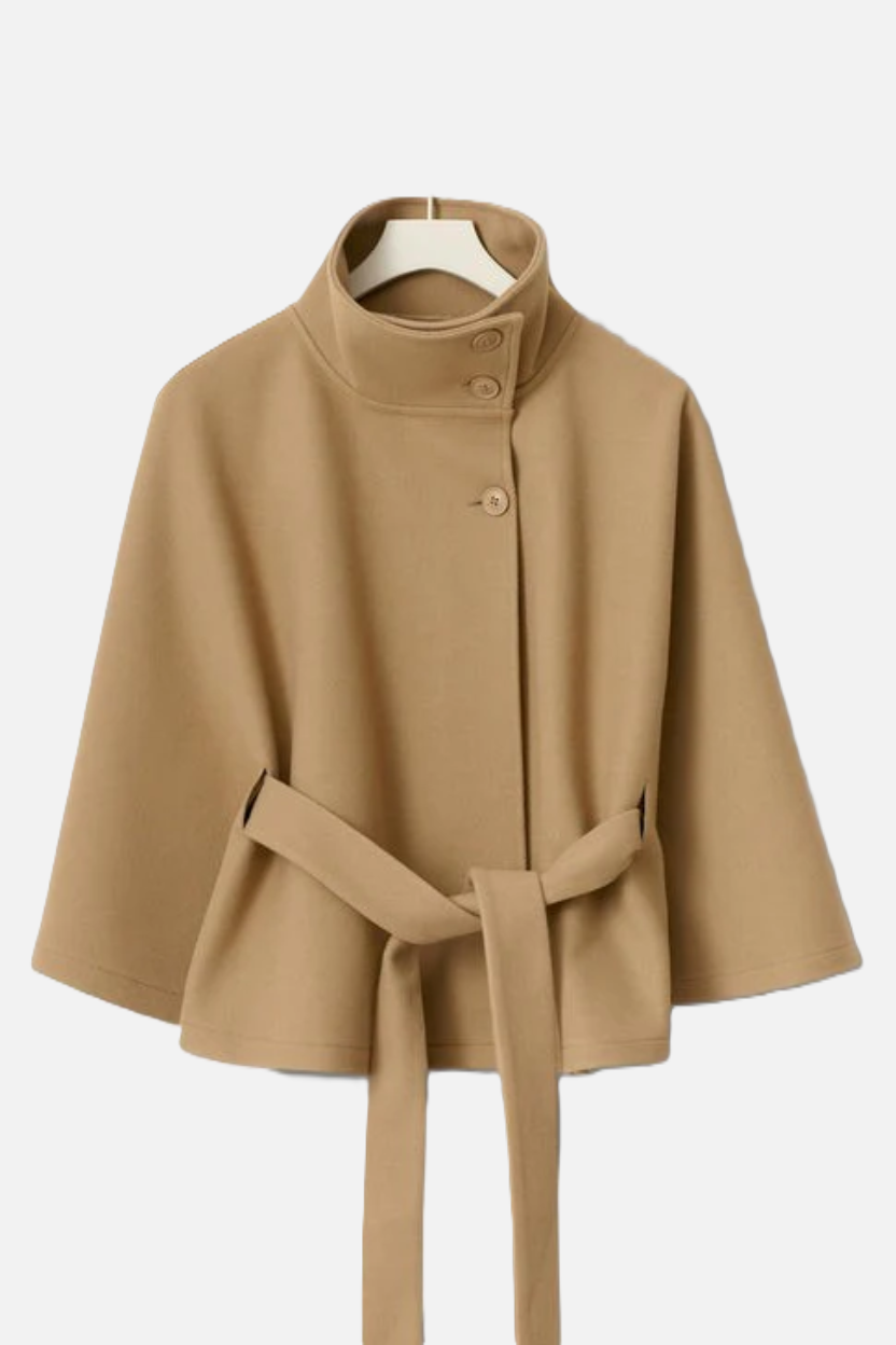 Belted Cape Coat High Neck Button Front