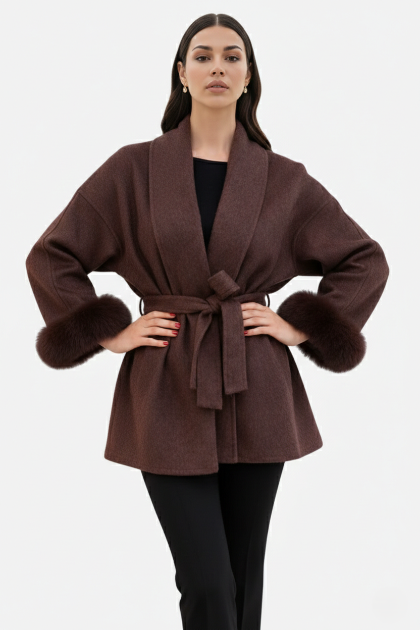 Belted Wrap Wool-Blend Coat Faux Fur Cuff Trim Open Front