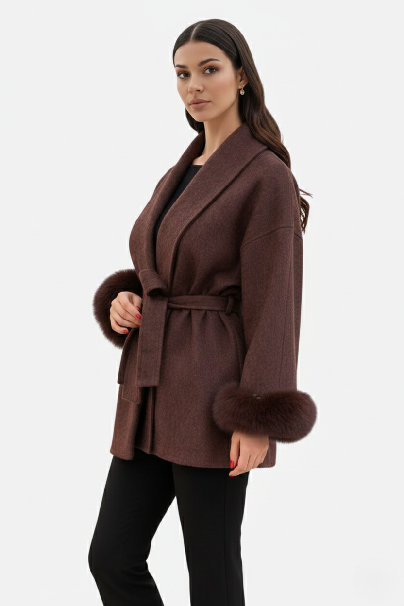 Belted Wrap Wool-Blend Coat Faux Fur Cuff Trim Open Front