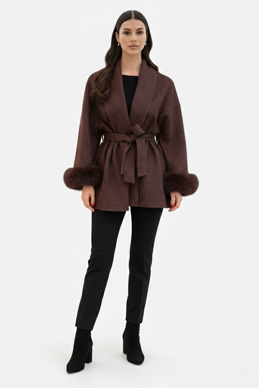 Belted Wrap Wool-Blend Coat Faux Fur Cuff Trim Open Front